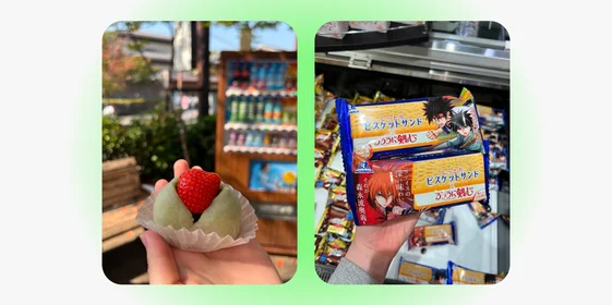 Традиционная сладость моти с клубникой и батончики с аниме персонажами