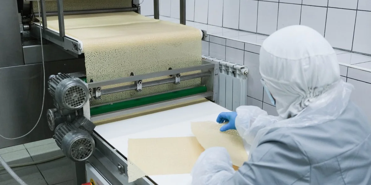 Барабан выпекает один большой пласт готового блина, который с помощью острых ножей делится на равные прямоугольники