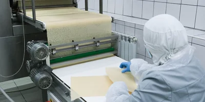 Барабан выпекает один большой пласт готового блина, который с помощью острых ножей делится на равные прямоугольники