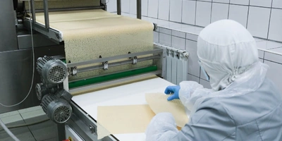 Барабан выпекает один большой пласт готового блина, который с помощью острых ножей делится на равные прямоугольники