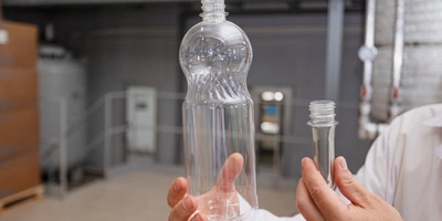  Из такой маленькой преформы (справа) выдувается бутылка объёмом 1 литр (слева) 