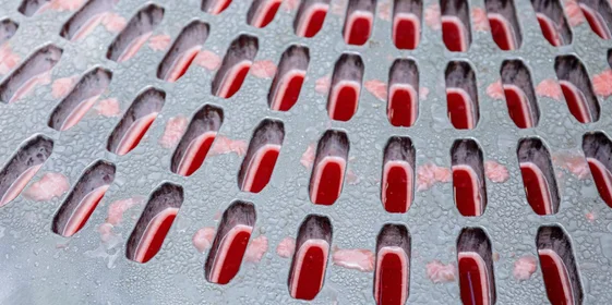 В формочки наливается смесь, её подмораживают, затем внутрь помещают жидкий центр, снова подмораживают, вкладывают берёзовую палочку, подмораживают