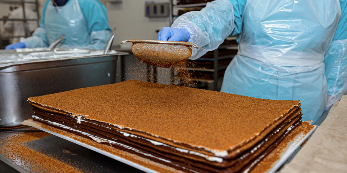 Довольно крепкие коржи медовика пропитывает и склеивает воздушный сметанный крем. Такой союз дарит торту нежный сливочный вкус с кислинкой и лёгким оттенком карамели. Сверху торт украшается бисквитной крошкой