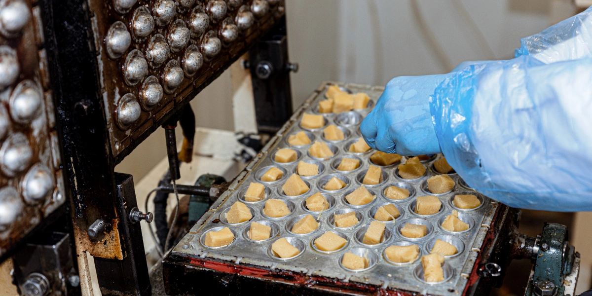 Скорлупки выпекаются всего две минуты, после чего остужаются и передаются в заготовочный цех