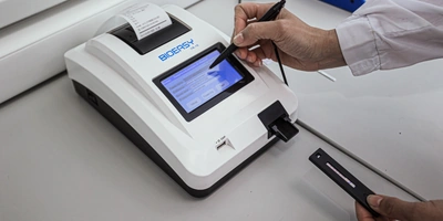 Тест на содержание антибиотиков в молоке. Тест-полоску на антибиотики считывает специальный ридер, а не человек, ведь интенсивность окрашивания каждый видит по-своему