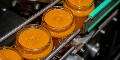 По закрытому трубопроводу уваренный кабачок, пассерованный лук и морковь подаются в варочную, где происходит смешивание ингредиентов и дозация готовой икры в банки