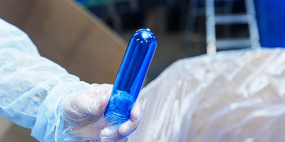 Из маленьких колбочек-преформ под воздействием высоких температур и давления выдувают большие 6-литровые бутылки