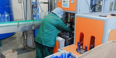 Из маленьких колбочек-преформ под воздействием высоких температур и давления выдувают большие 6-литровые бутылки