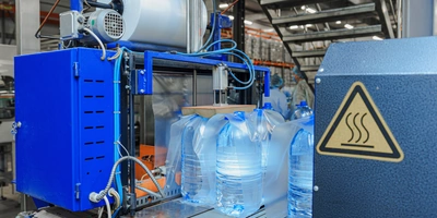 Бутылки с водой поступают в группиратор, который формирует упаковку и подаёт её в термоусадочную печь