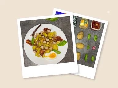 Тёплый салат с кальмарами и картофелем